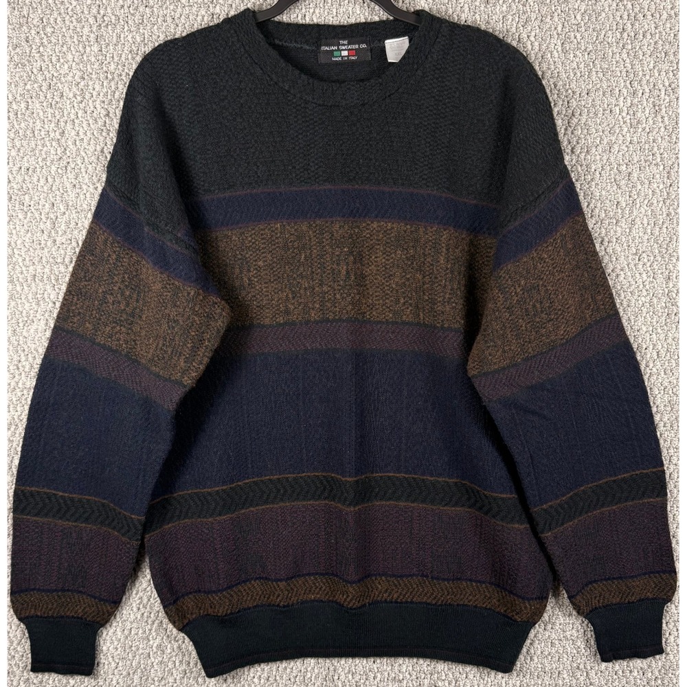 The Italian Sweater Co Vintage 90s Knit Sweater XXL Black Brown Striped Italy